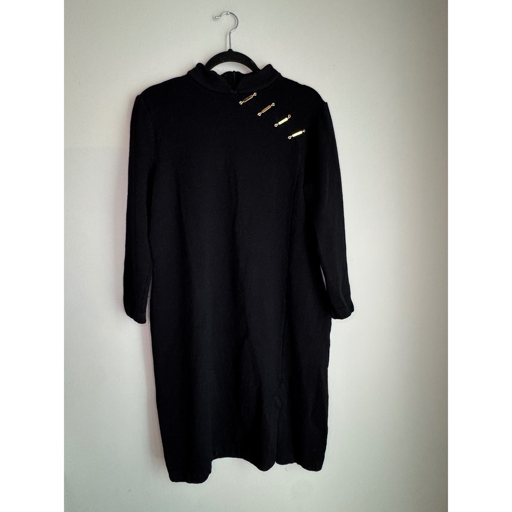 St. John Collection Marie Gray Black Knit Mock Neck Dress Gold Hardware Size 14